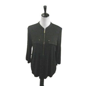 CALVIN Klein Black Partial Zip Front 3/4 Sleeve Top Size Medium